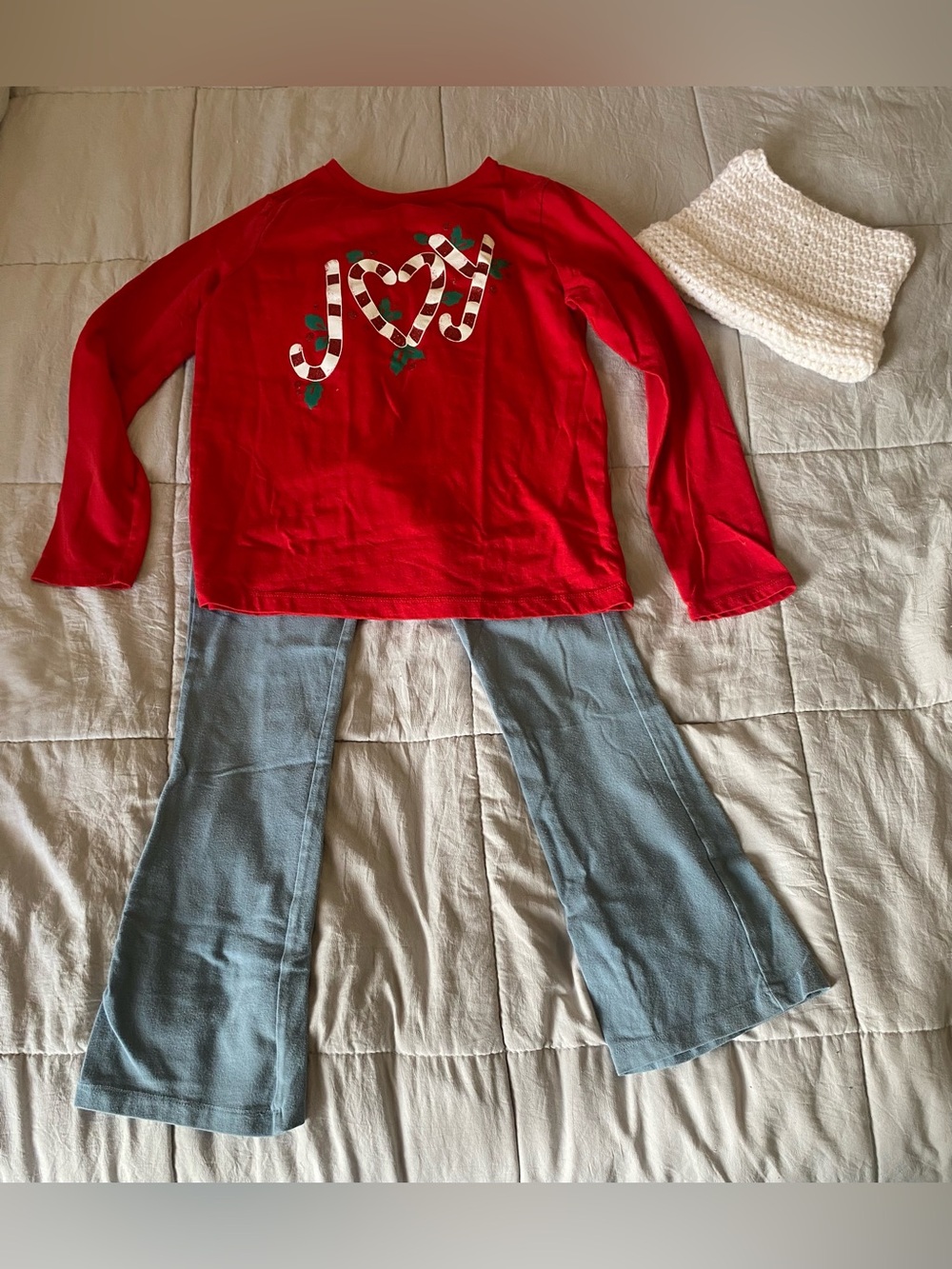 Carter's Red 'JOY' Holiday Top with blue Jogger Pants and beanie